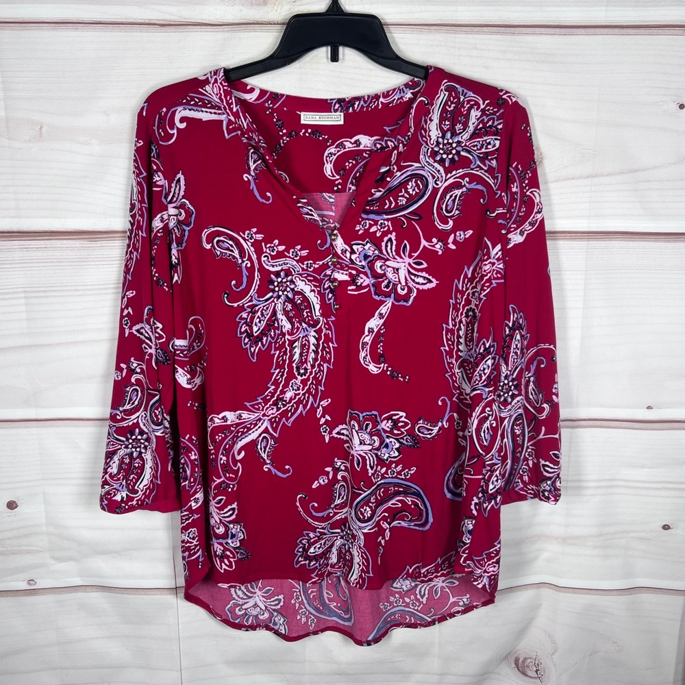 Dana Buchman Blouse Women XXL Red Paisley Henley V-Neck 3/4 Sleeve Top Career